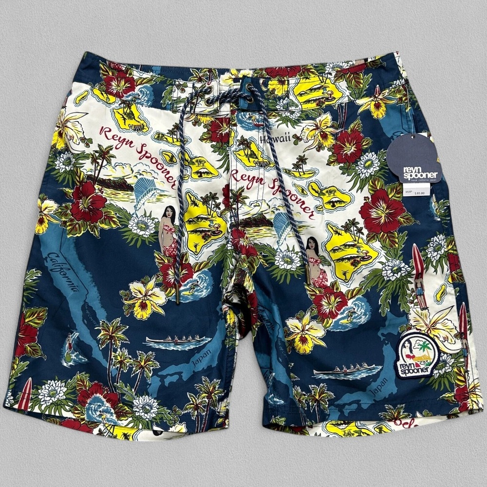 NEW Reyn Spooner Board Shorts Mens 32x8 Blue Status Oceanic Hula Floral Hawaiian
